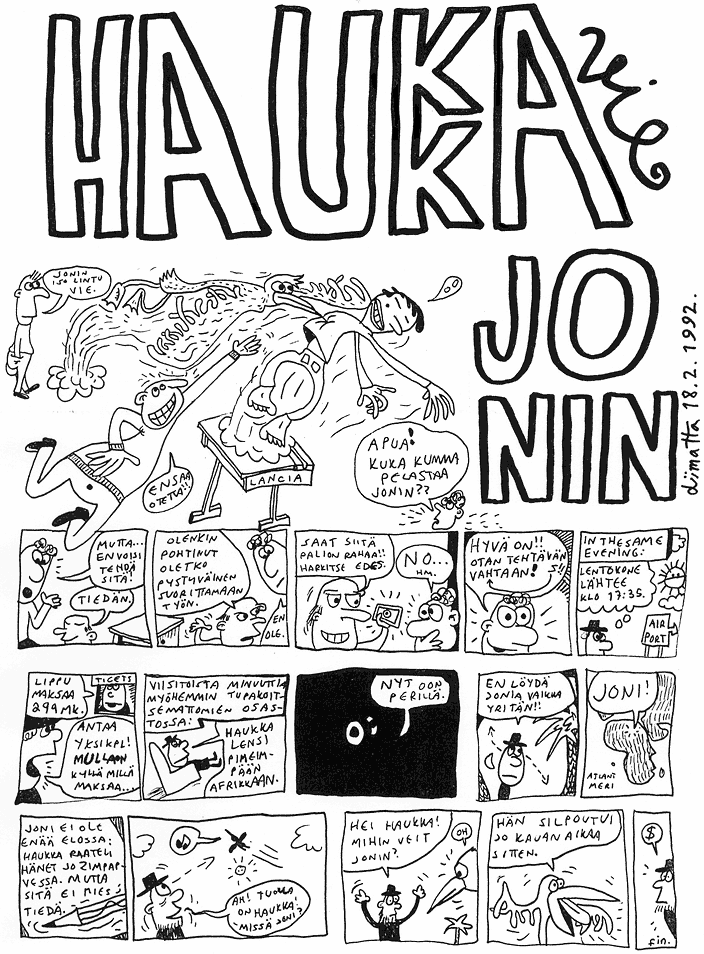 [Sarjakuvan "Haukka vie Jonin" (© Tommi Liimatta 1992) ensimminen sivu]