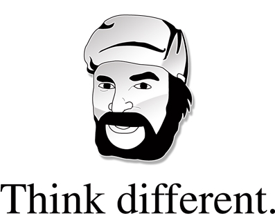 [hopeanhohtoinen Renkikuvio ja sen alla teksti "Think Different"]